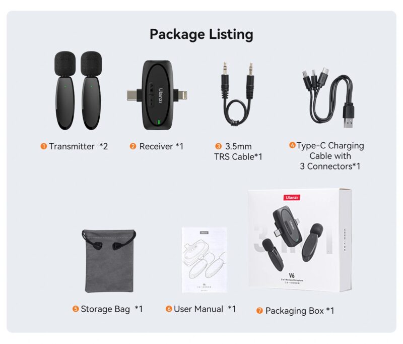 Ulanzi V6 3-in-1 Plug-Play Wireless Lavalier Microphone Ulanzi V6 3-in-1 Plug-Play Wireless Lavalier Microphone